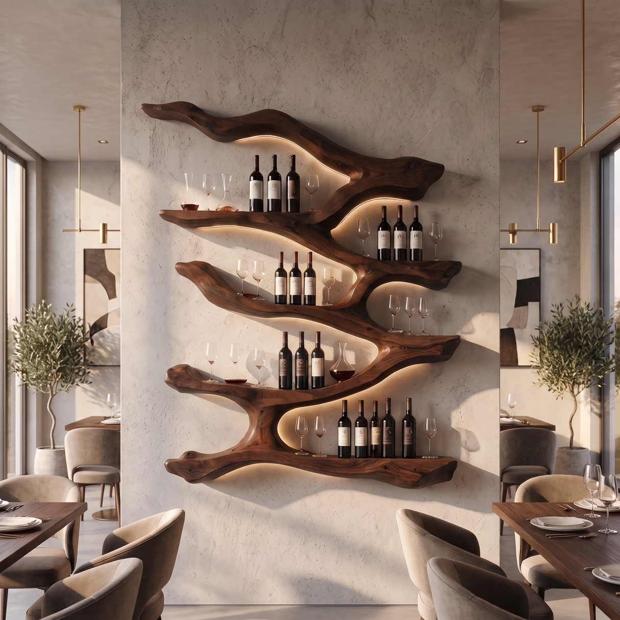Wall Mounted Wine Rack Solid Wood Flowing Branch Shelves