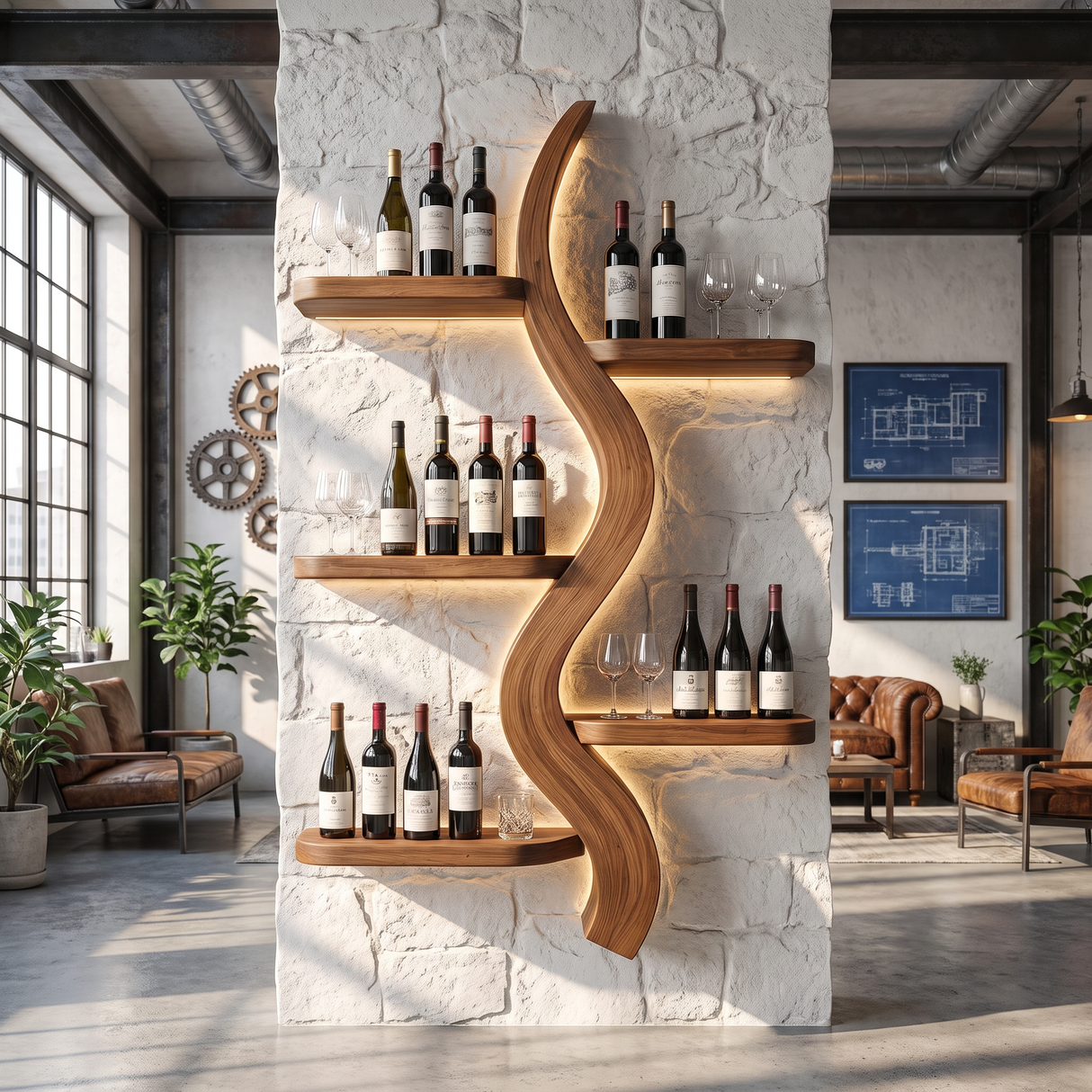 Wall Wine Rack Solid Wood with Sculptural S Curve Shelves for Dining Room