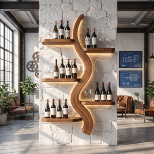 Wall Wine Rack Solid Wood with Sculptural S Curve Shelves for Dining Room