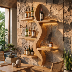 Wall Wine Rack Solid Wood with Sculptural S Curve Shelves for Dining Room