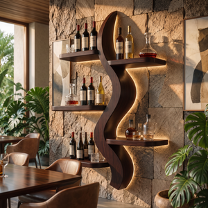 Wall Wine Rack Solid Wood with Sculptural S Curve Shelves for Dining Room