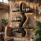Wall Wine Rack Solid Wood with Sculptural S Curve Shelves for Dining Room