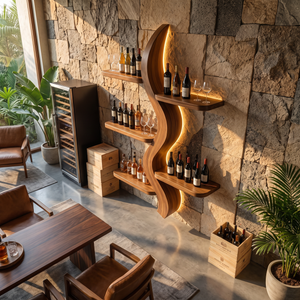Wall Wine Rack Solid Wood with Sculptural S Curve Shelves for Dining Room
