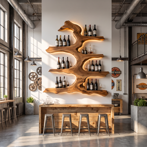 Wall Wine Rack Solid Wood with Sculptural Tree Branch Shelves for Dining Room