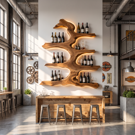 Wall Wine Rack Solid Wood with Sculptural Tree Branch Shelves for Dining Room