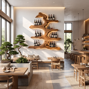 Wall Wine Rack Solid Wood with Sculptural Tree Branch Shelves for Dining Room