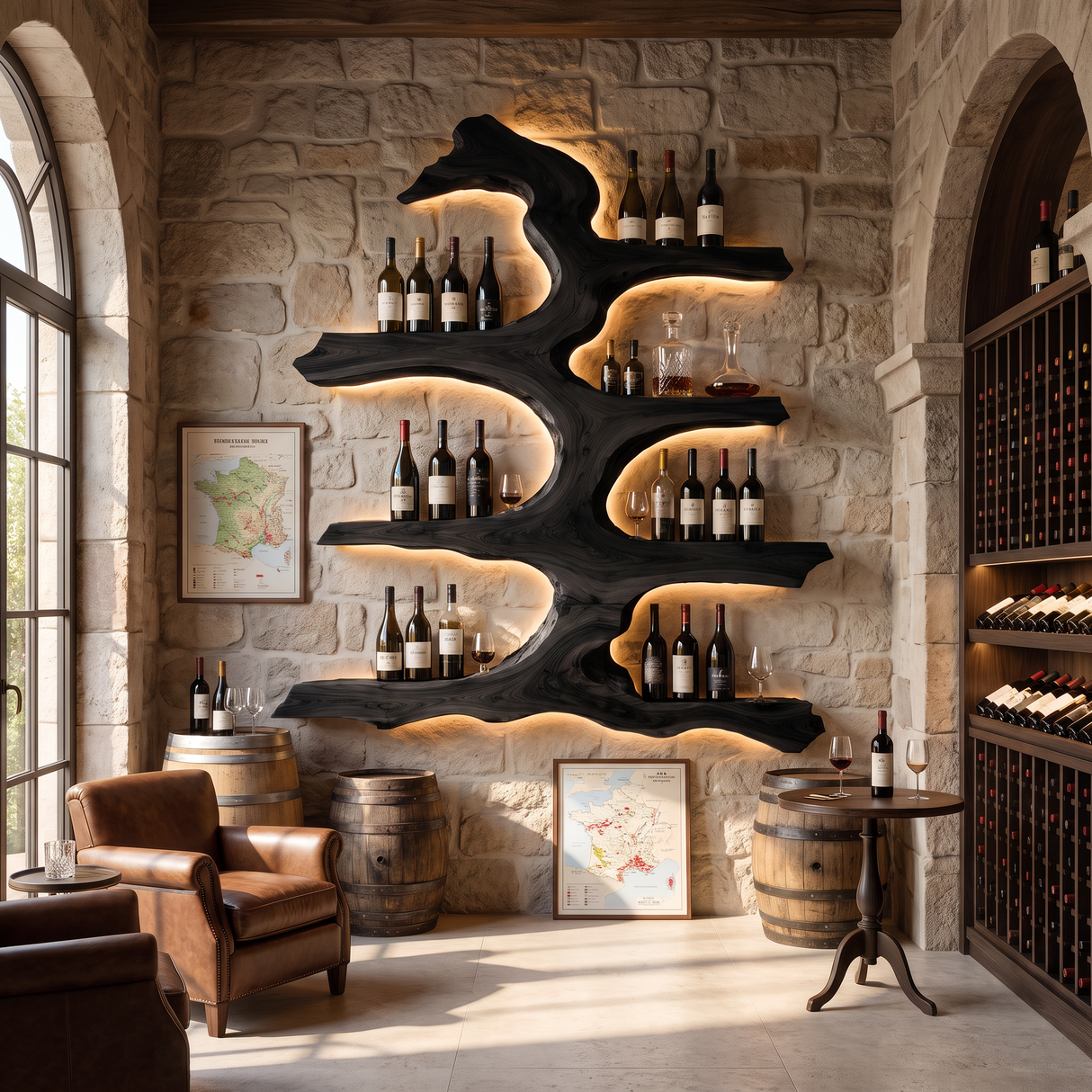 Wall Wine Rack Solid Wood with Sculptural Tree Branch Shelves for Dining Room