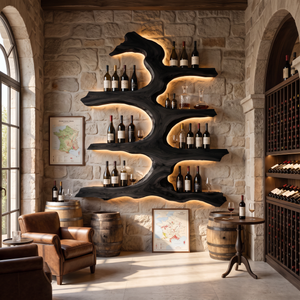 Wall Wine Rack Solid Wood with Sculptural Tree Branch Shelves for Dining Room