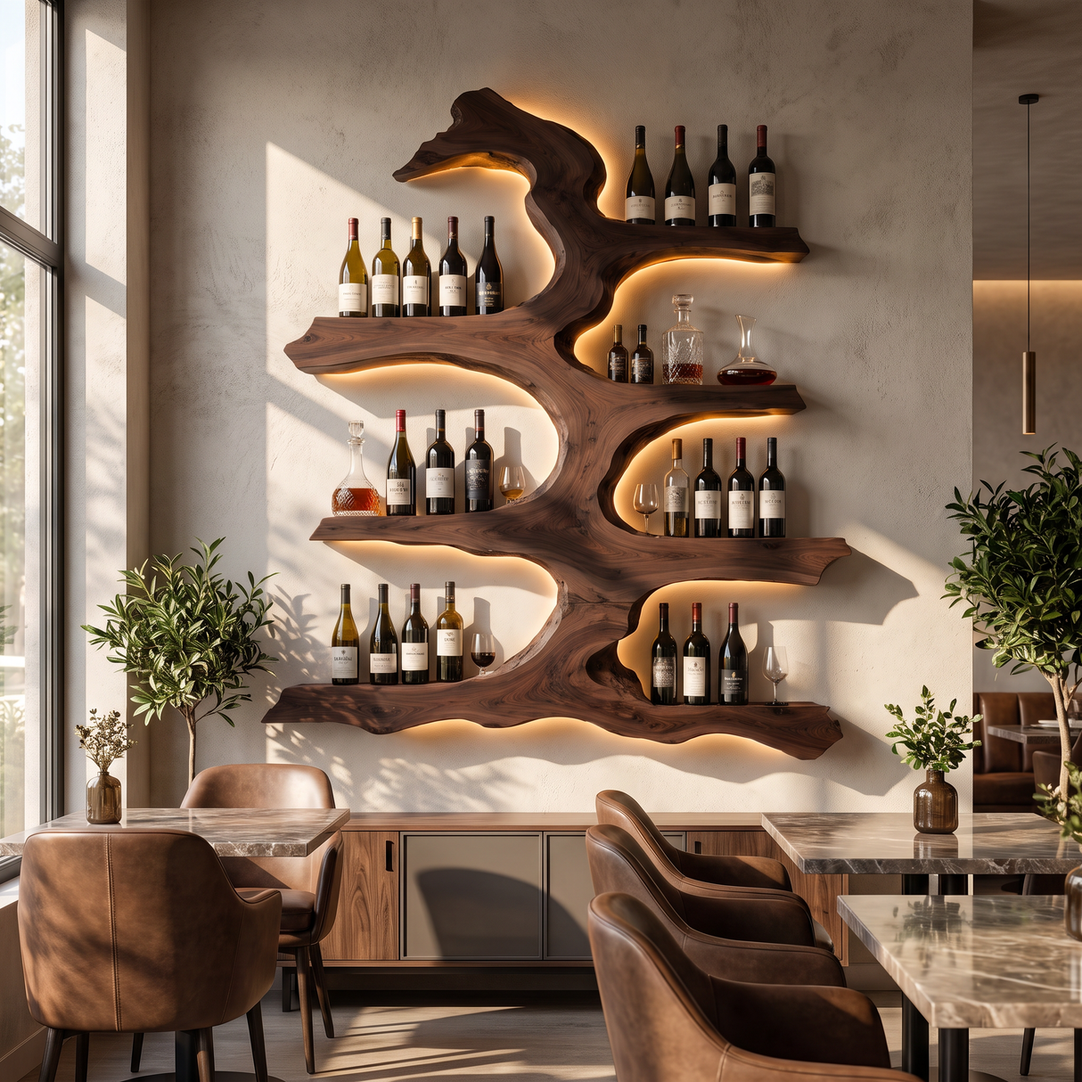 Wall Wine Rack Solid Wood with Sculptural Tree Branch Shelves for Dining Room