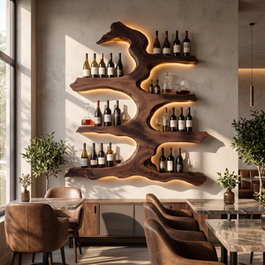 Wall Wine Rack Solid Wood with Sculptural Tree Branch Shelves for Dining Room