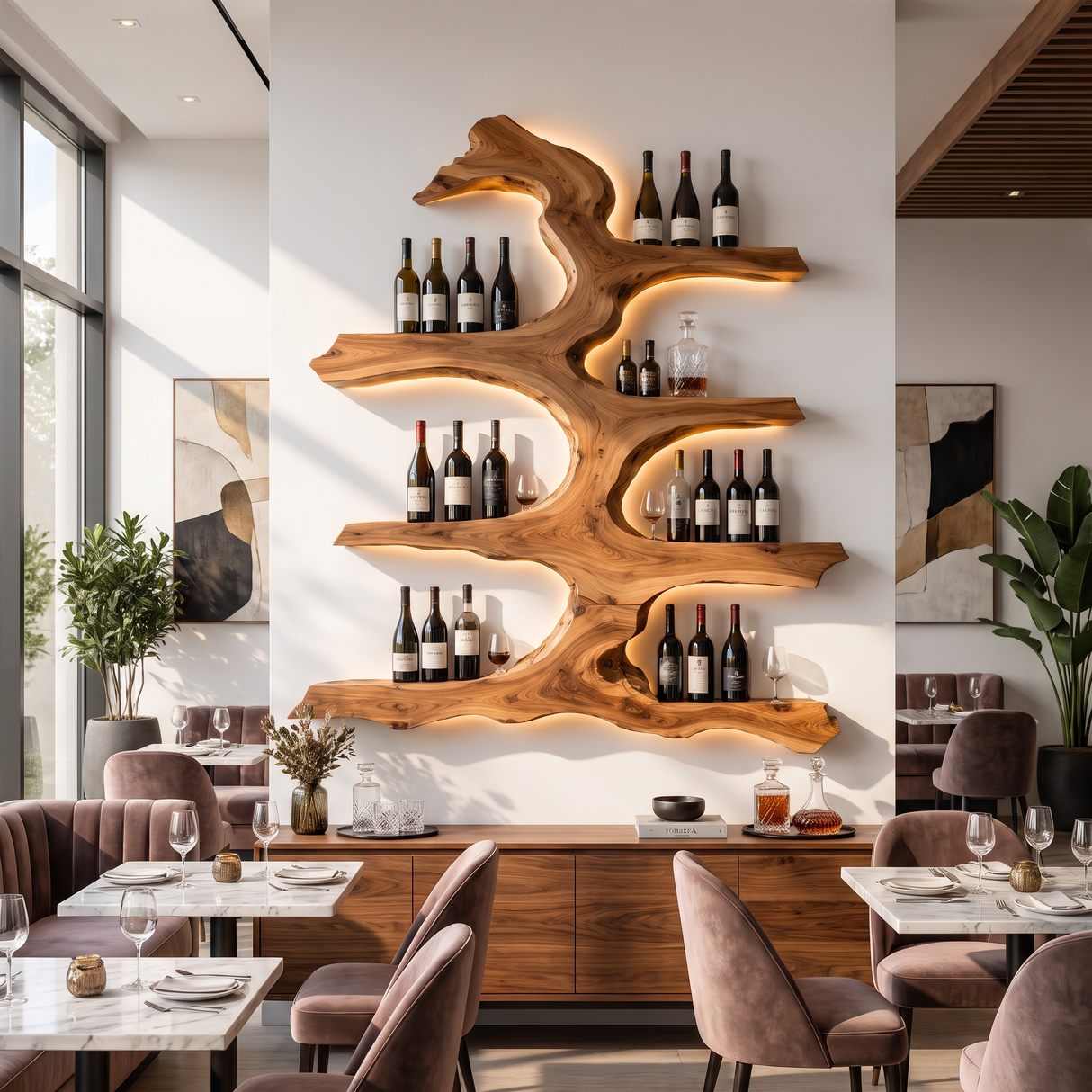 Wall Wine Rack Solid Wood with Sculptural Tree Branch Shelves for Dining Room