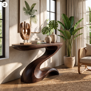 Console Table Solid Wood with Sculptural Z Curve Base for Entryway Decor