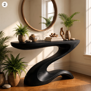 Console Table Solid Wood with Sculptural Z Curve Base for Entryway Decor