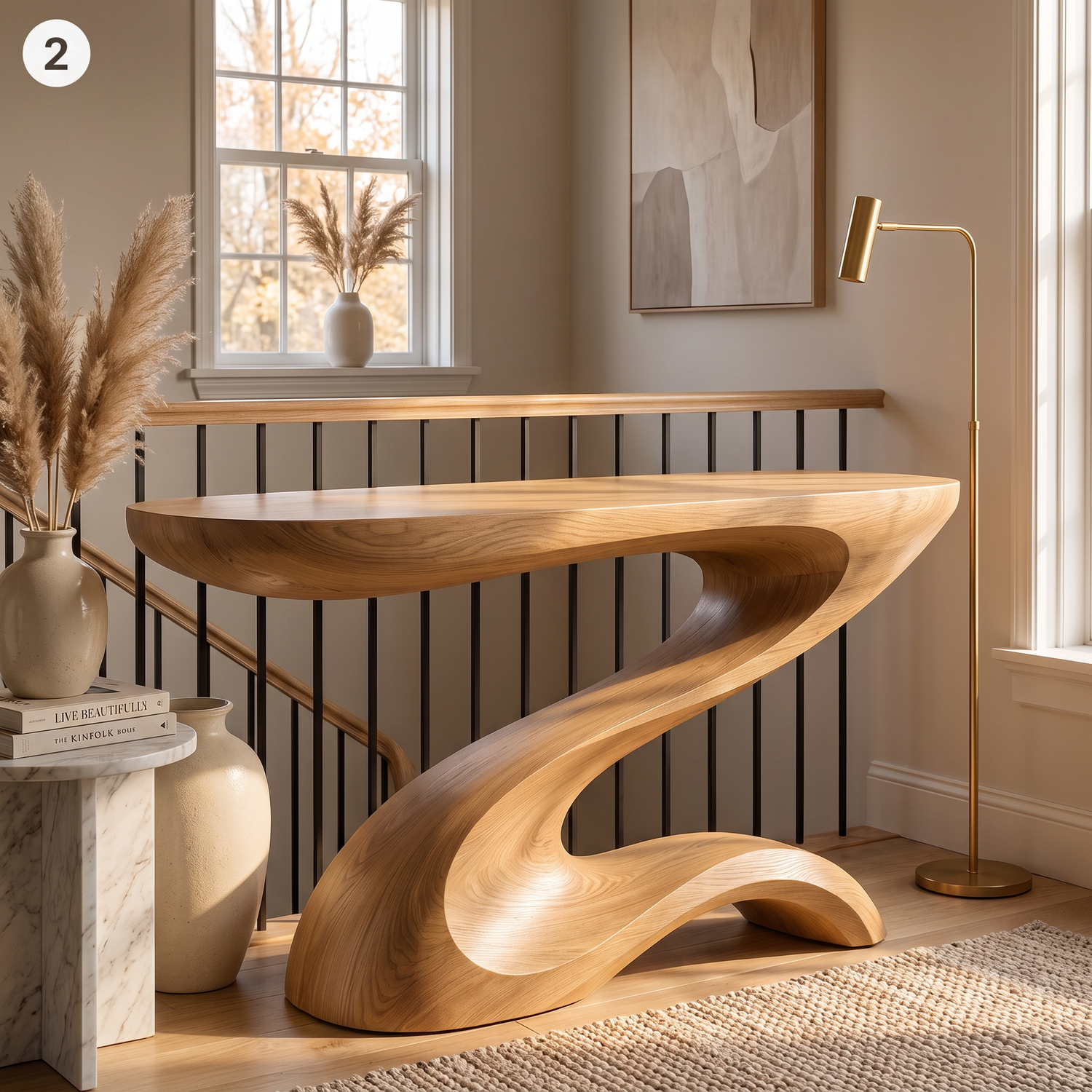 Console Table Solid Wood with Sculptural Z Curve Base for Entryway Decor