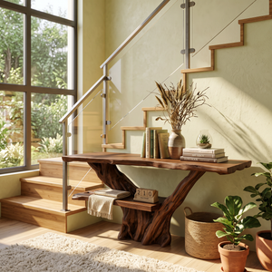 Console Table Solid Wood with Integrated Bench and Tree Branch Base
