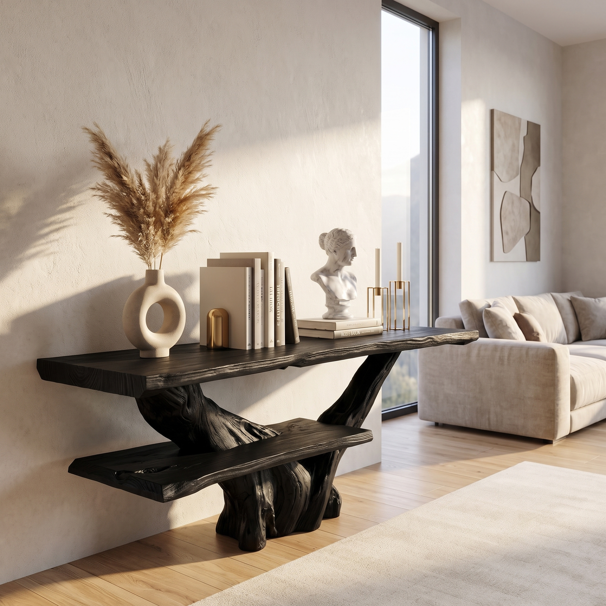 Console Table Solid Wood with Integrated Bench and Tree Branch Base