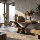 Console Table Solid Wood with Integrated Bench and Tree Branch Base