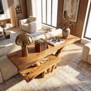 Console Table Solid Wood with Integrated Bench and Tree Branch Base
