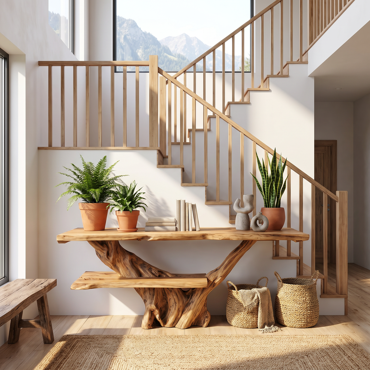 Console Table Solid Wood with Integrated Bench and Tree Branch Base