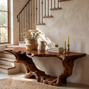 Console Table Solid Wood with Sculptural Organic Arch Base