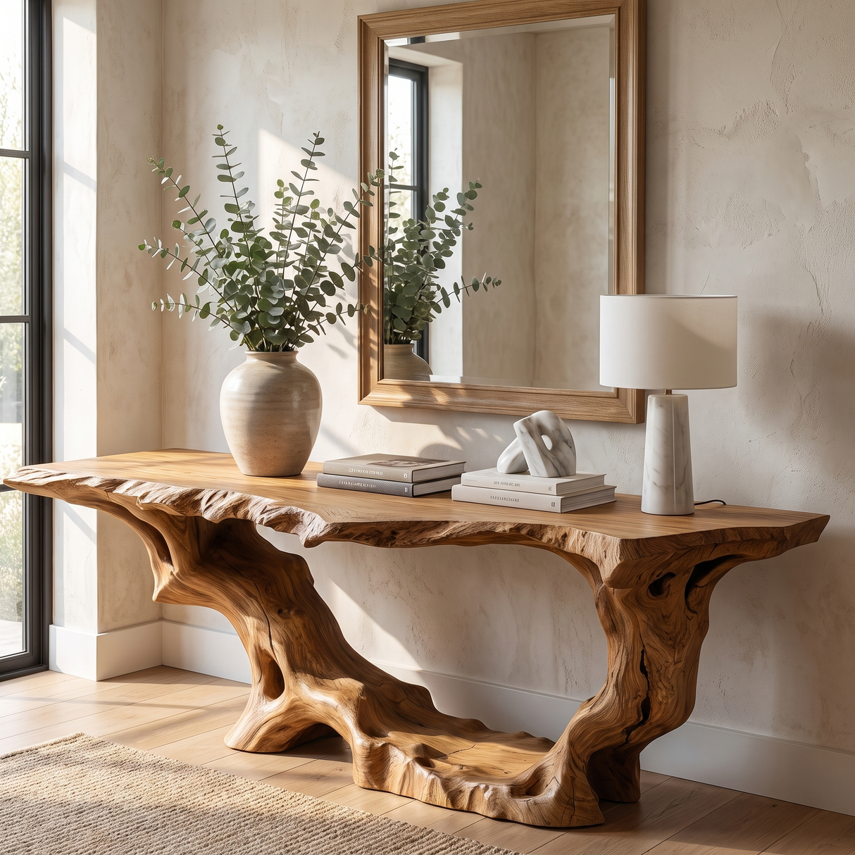 Console Table Solid Wood with Sculptural Organic Arch Base