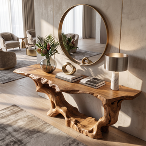 Console Table Solid Wood with Sculptural Organic Arch Base
