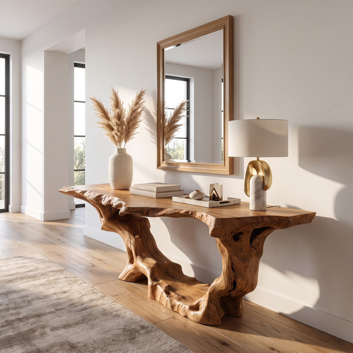 Console Table Solid Wood with Sculptural Organic Arch Base