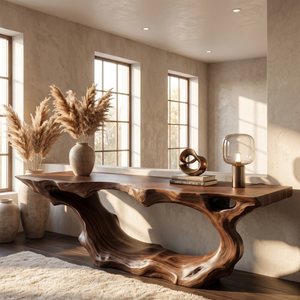 Console Table Solid Wood with Sculptural Wave Loop Base for Entryway Decor