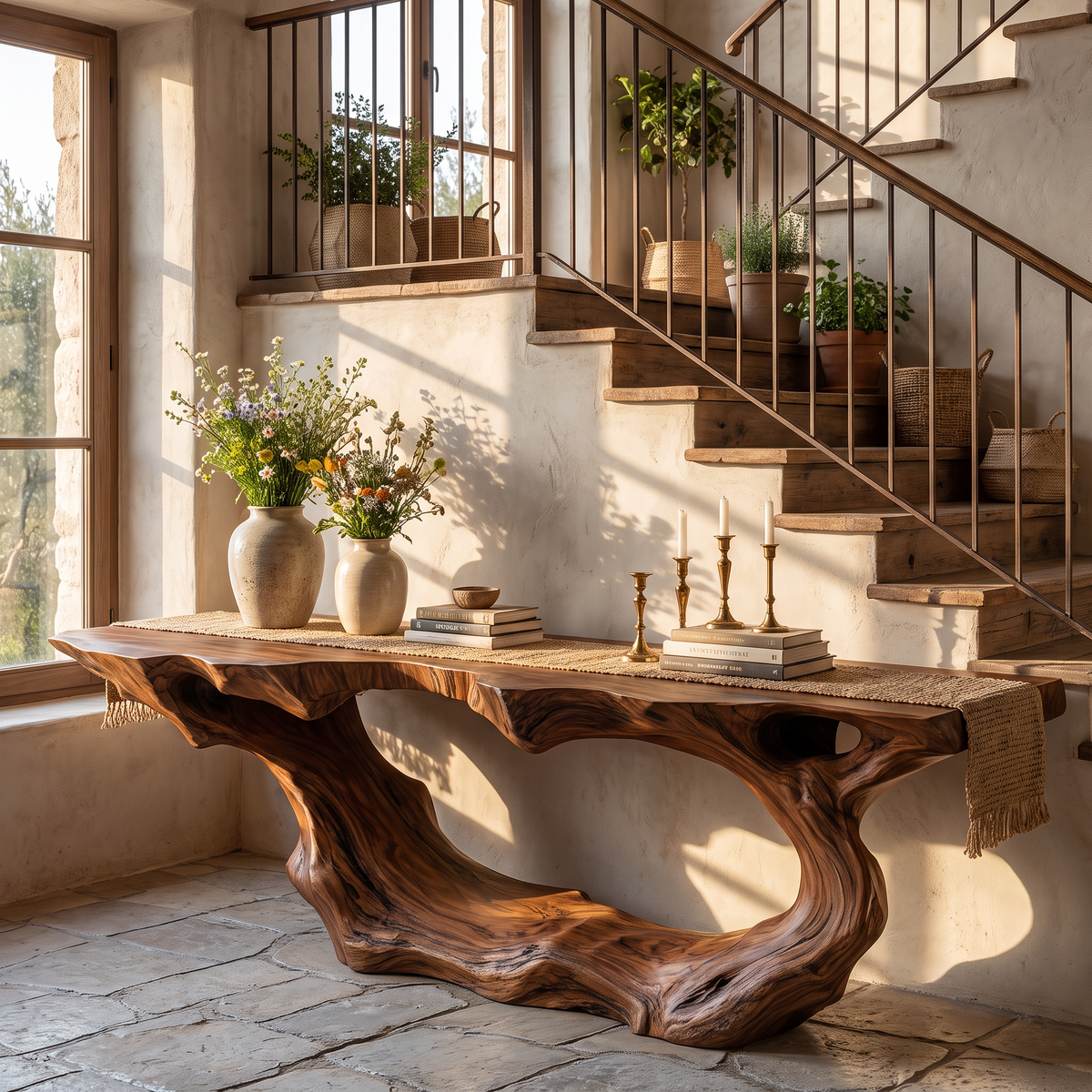 Console Table Solid Wood with Sculptural Wave Loop Base for Entryway Decor