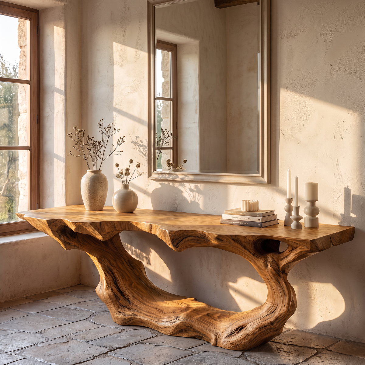 Console Table Solid Wood with Sculptural Wave Loop Base for Entryway Decor