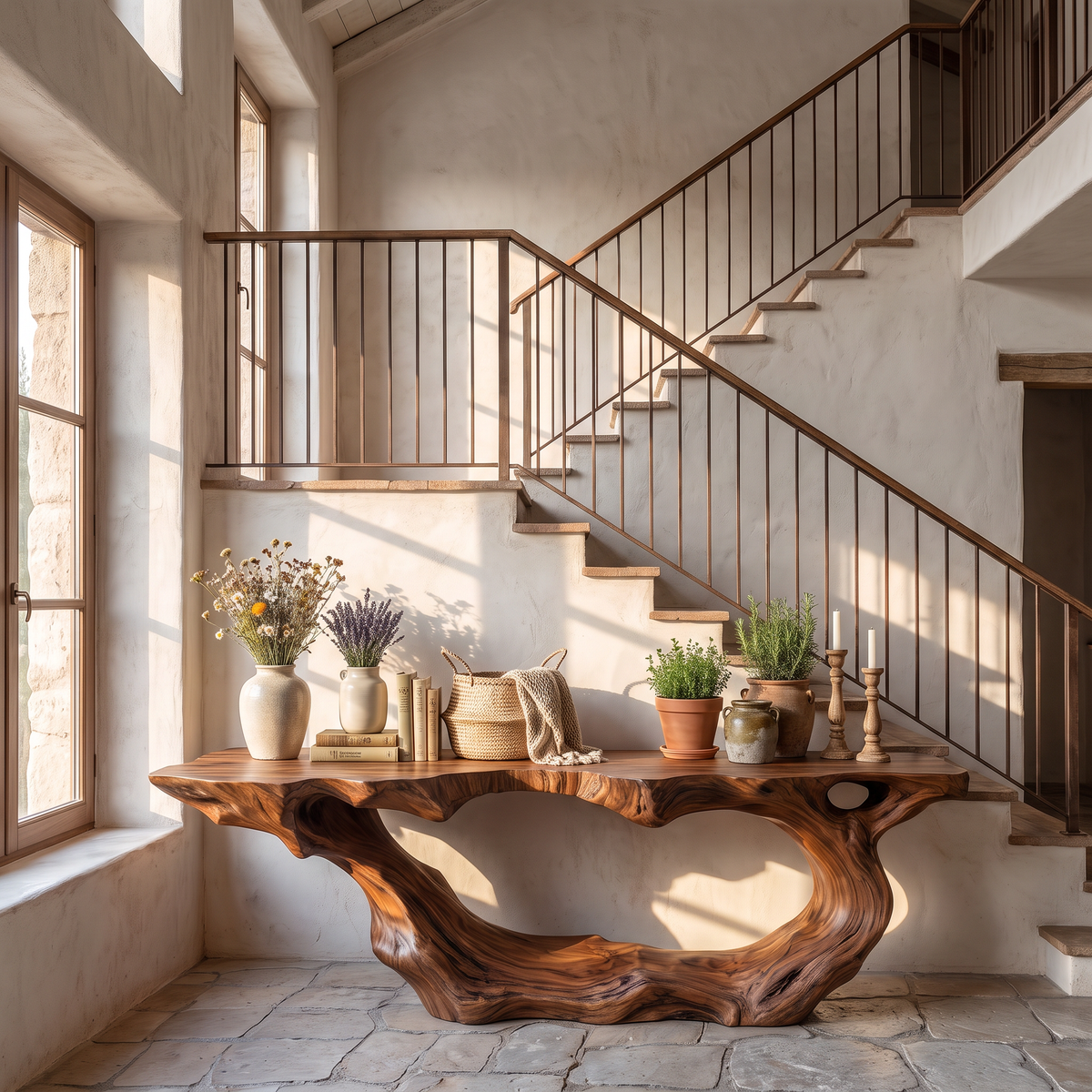 Console Table Solid Wood with Sculptural Wave Loop Base for Entryway Decor
