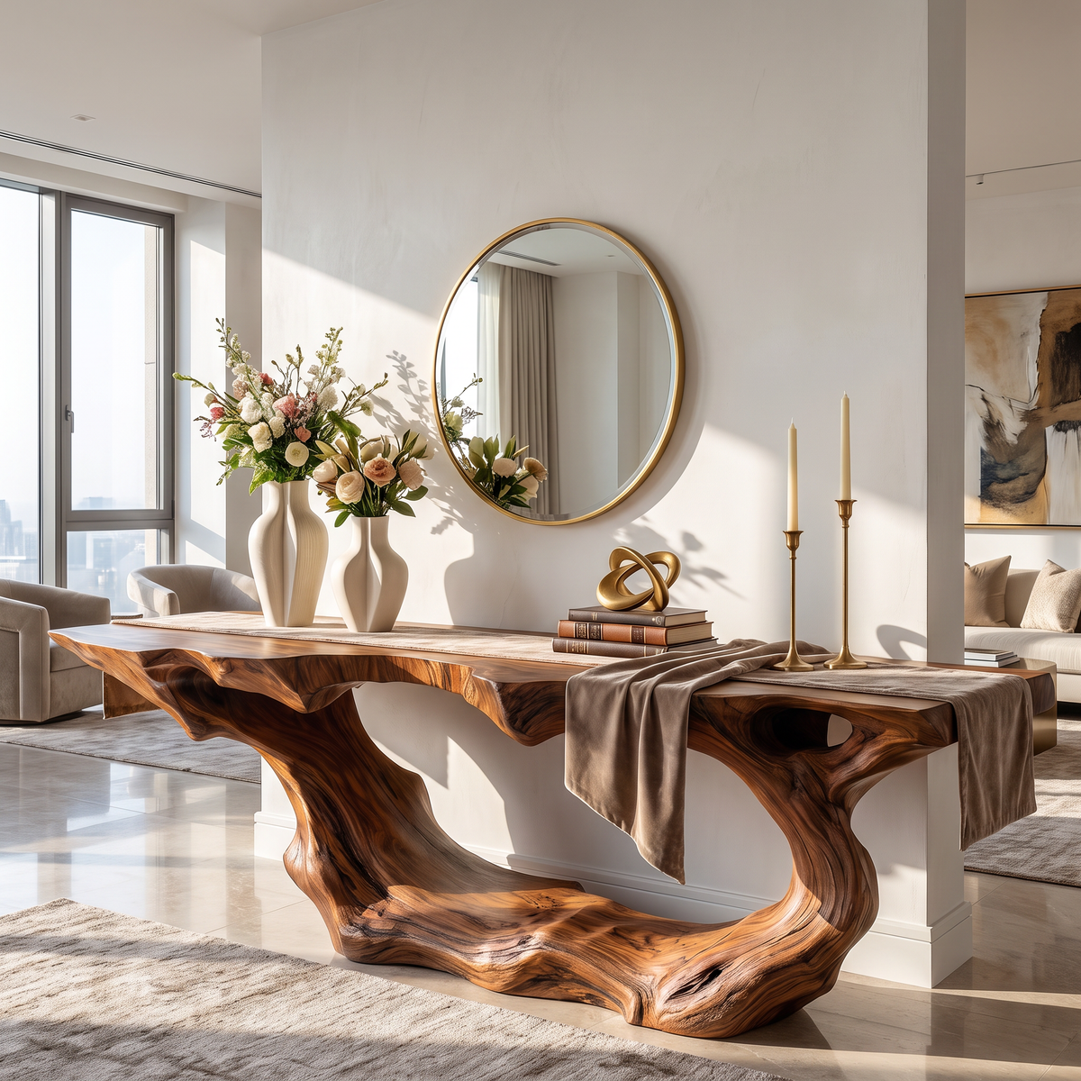Console Table Solid Wood with Sculptural Wave Loop Base for Entryway Decor
