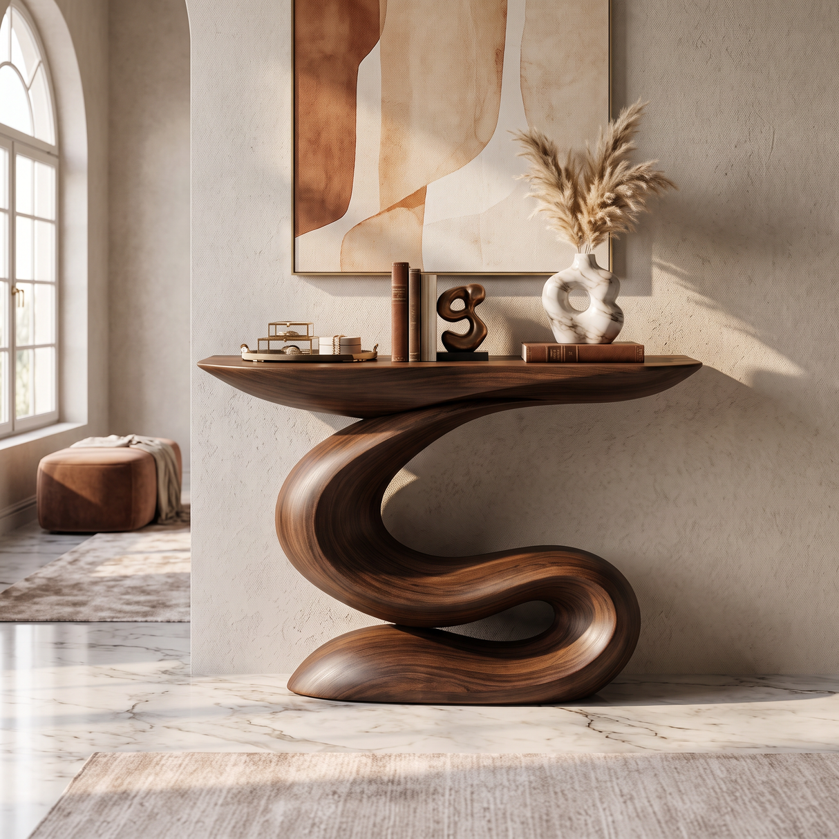 Console Table Solid Wood with Sculptural S Curve Base for Entryway Decor
