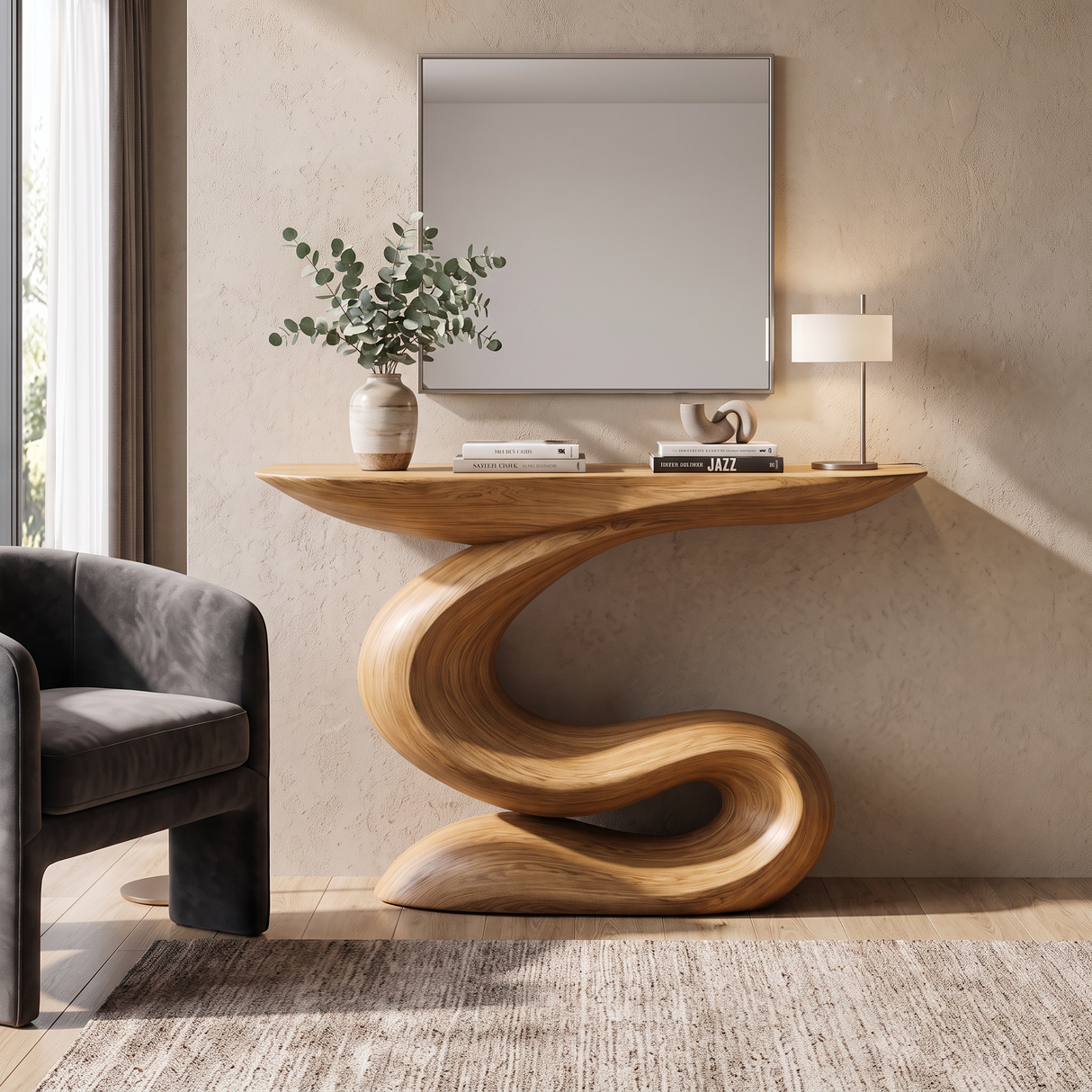 Console Table Solid Wood with Sculptural S Curve Base for Entryway Decor
