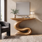 Console Table Solid Wood with Sculptural S Curve Base for Entryway Decor