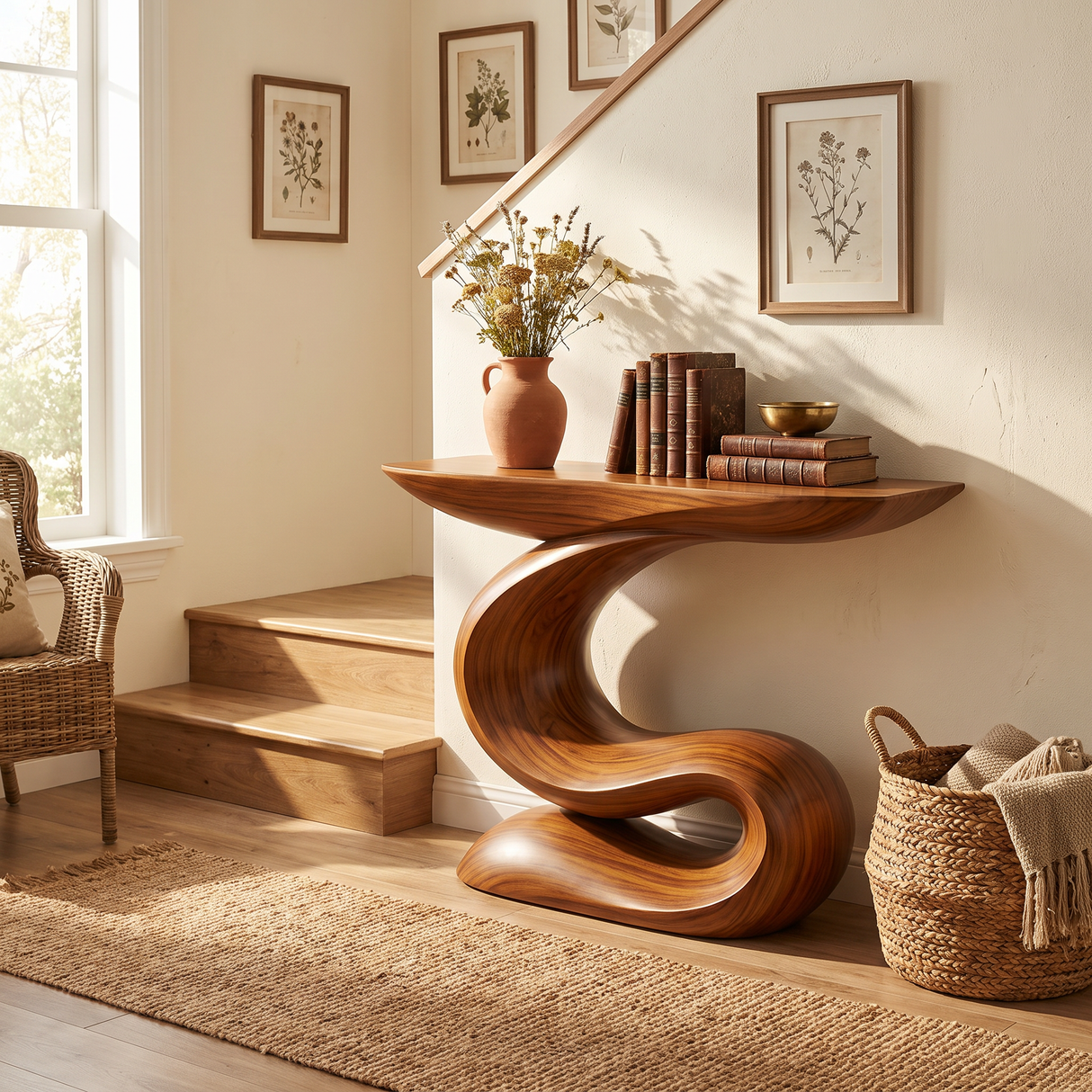 Console Table Solid Wood with Sculptural S Curve Base for Entryway Decor
