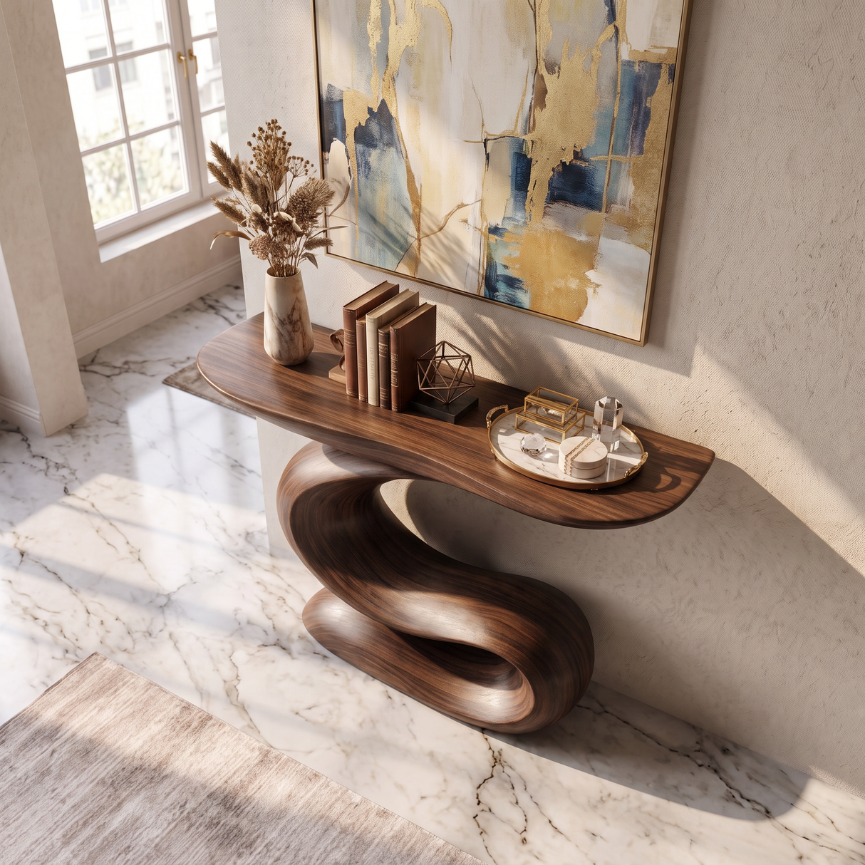 Console Table Solid Wood with Sculptural S Curve Base for Entryway Decor