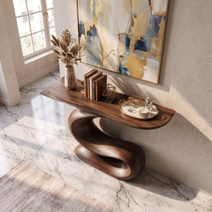 Console Table Solid Wood with Sculptural S Curve Base for Entryway Decor