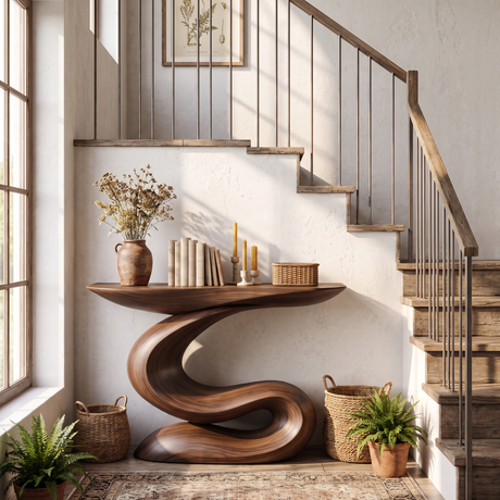 Console Table Solid Wood with Sculptural S Curve Base for Entryway Decor