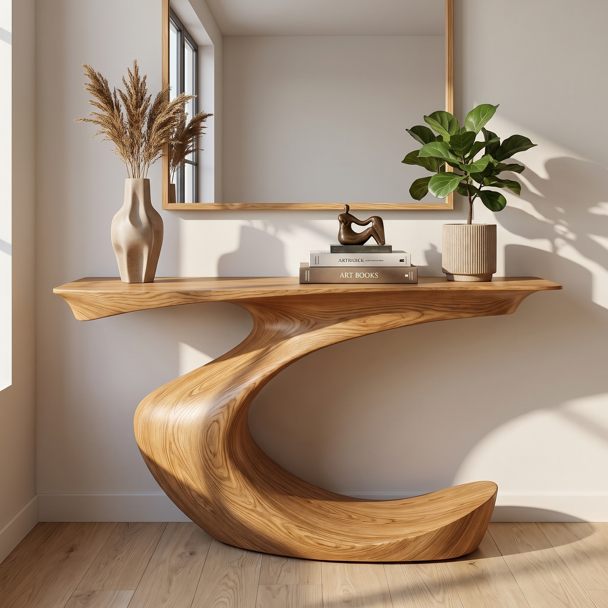 Console Table Solid Wood with Sculptural Crescent Curve Base