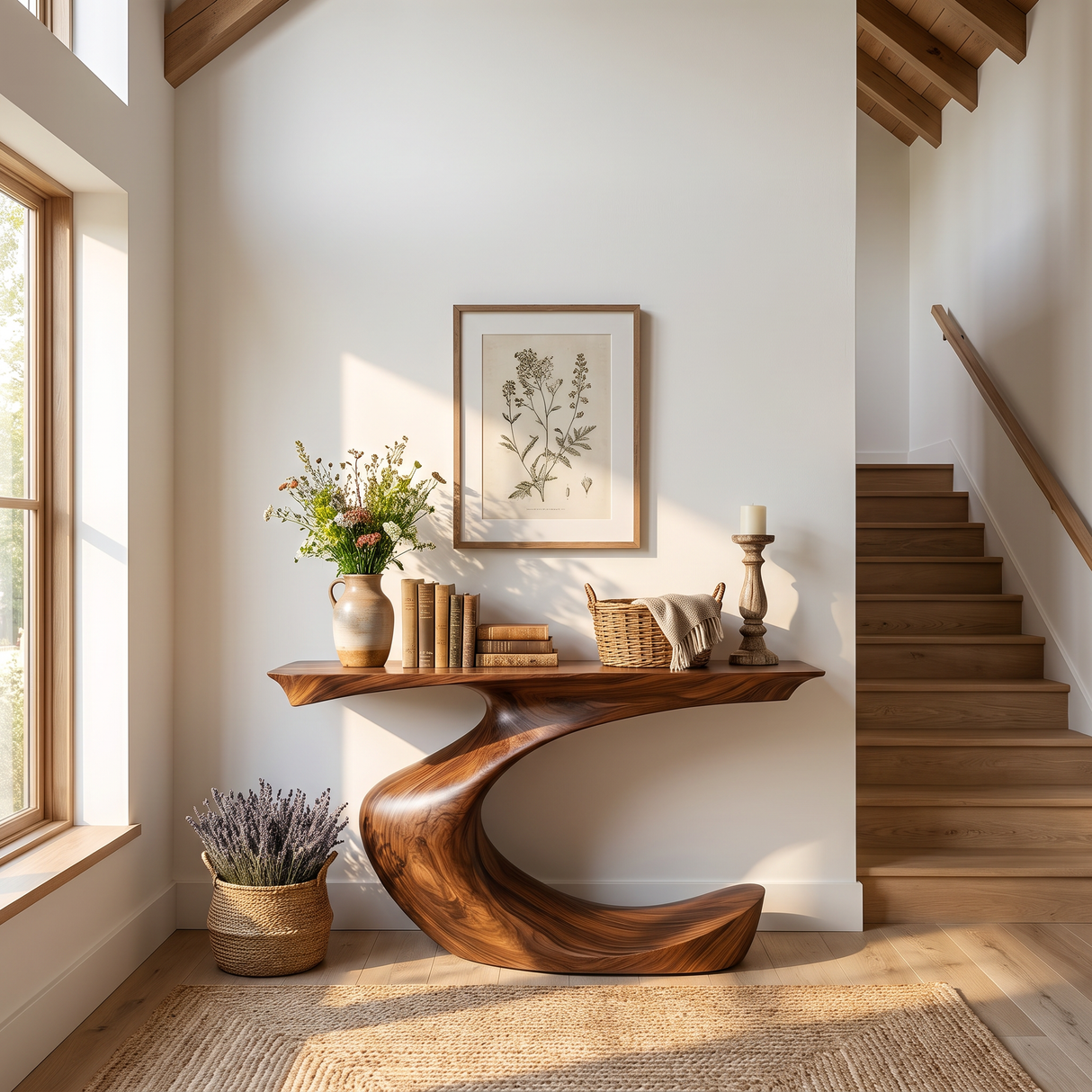 Console Table Solid Wood with Sculptural Crescent Curve Base