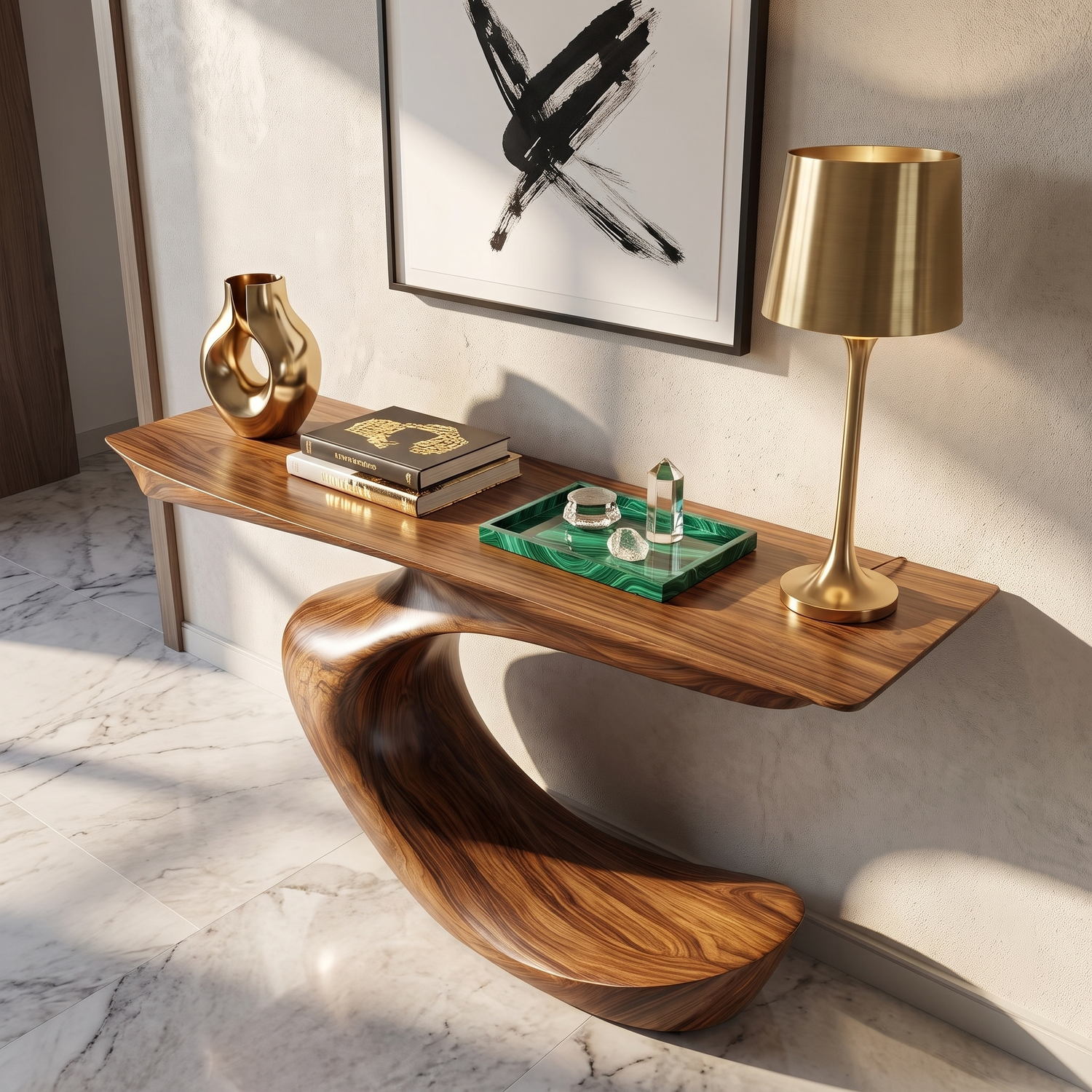 Console Table Solid Wood with Sculptural Crescent Curve Base