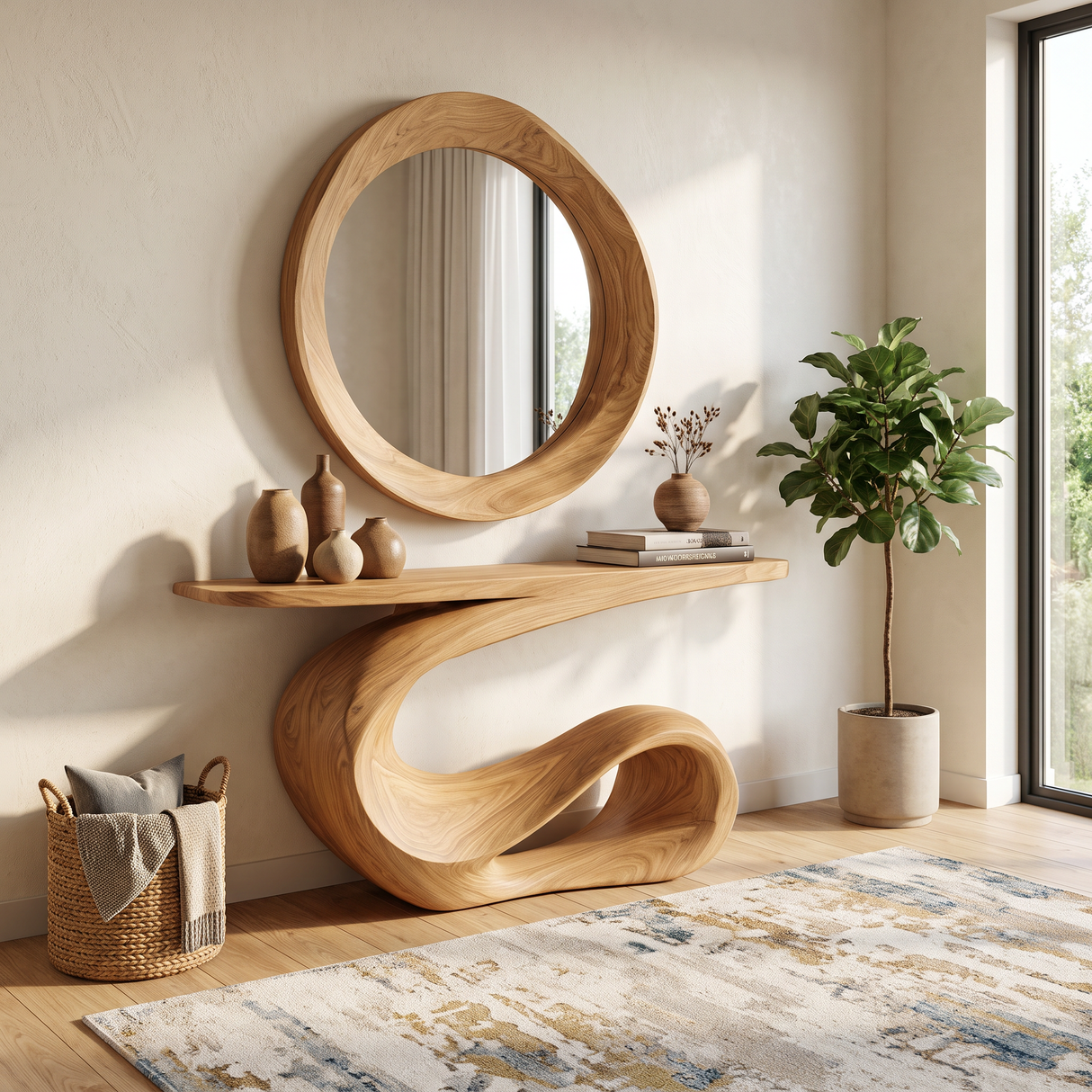 Console Table Solid Wood with Sculptural Loop Wave Base for Entryway Decor