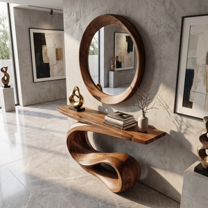 Console Table Solid Wood with Sculptural Loop Wave Base for Entryway Decor