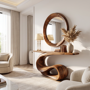 Console Table Solid Wood with Sculptural Loop Wave Base for Entryway Decor