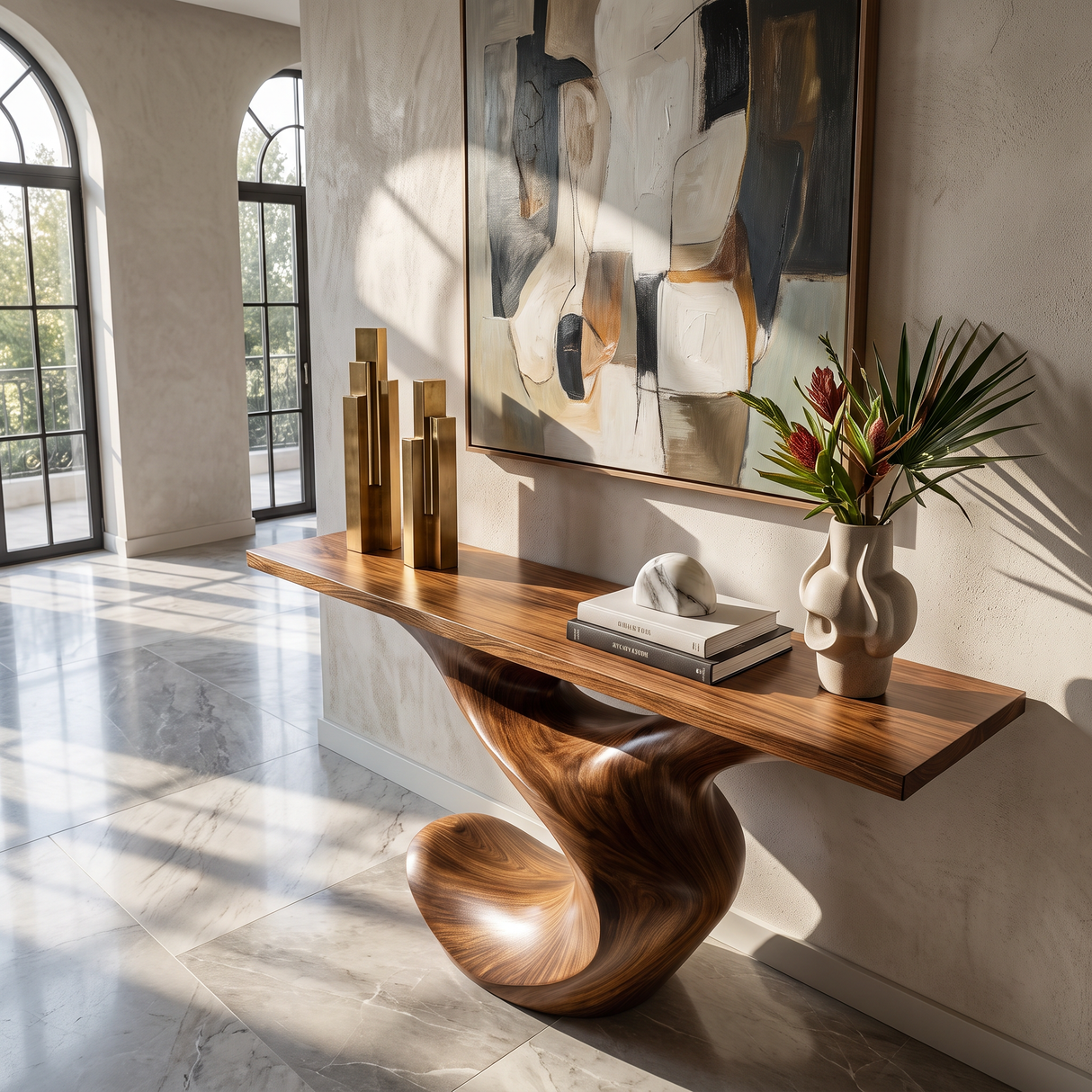 Console Table Solid Wood with Sculptural Flowing Curve Base