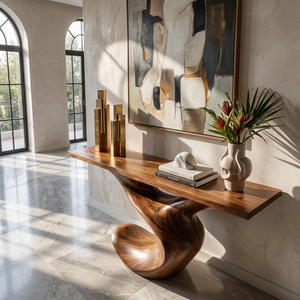 Console Table Solid Wood with Sculptural Flowing Curve Base