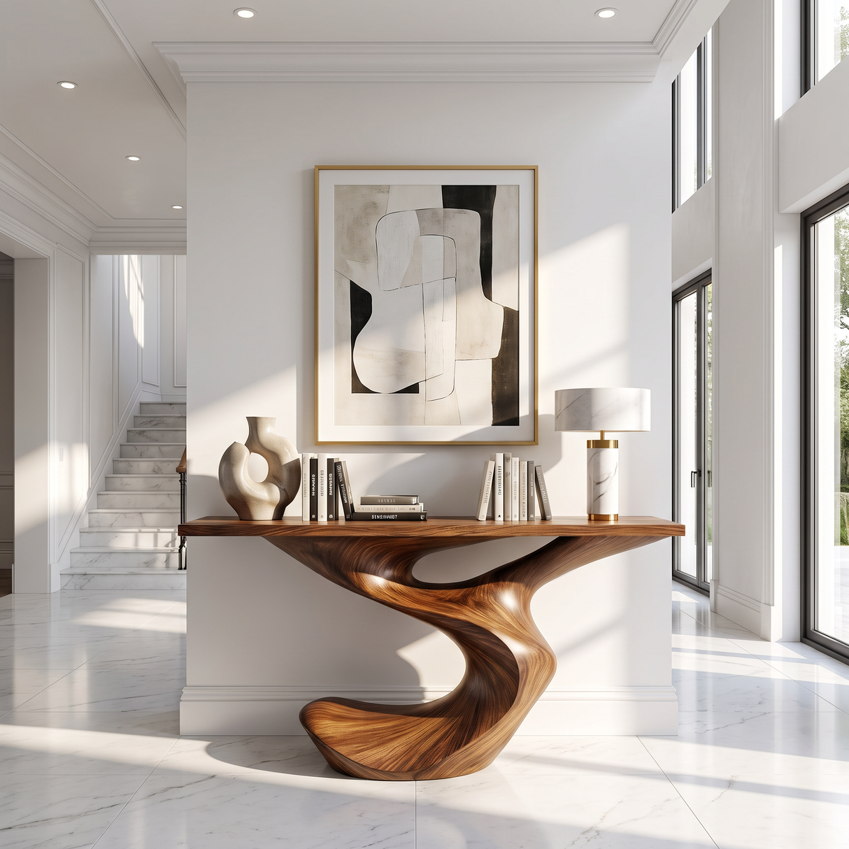 Console Table Solid Wood with Sculptural Flowing Curve Base
