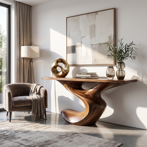 Console Table Solid Wood with Sculptural Flowing Curve Base