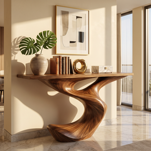 Console Table Solid Wood with Sculptural Flowing Curve Base